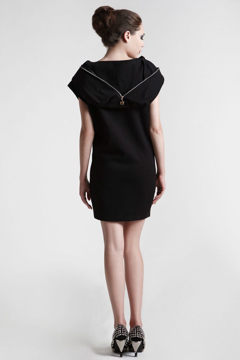 short black dress with hood in 4 way stretch lycra spandex Hi Tek - Image 2