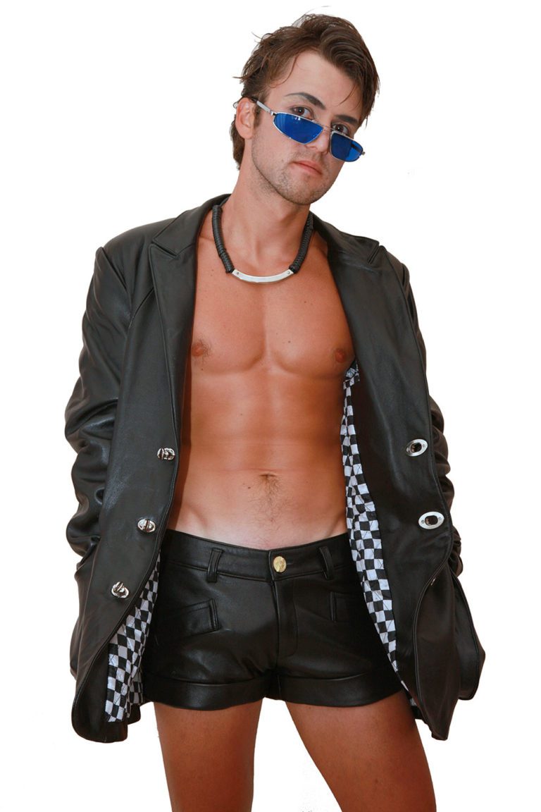 mens black leather blazer jacket medium length HI TEK - Image 2
