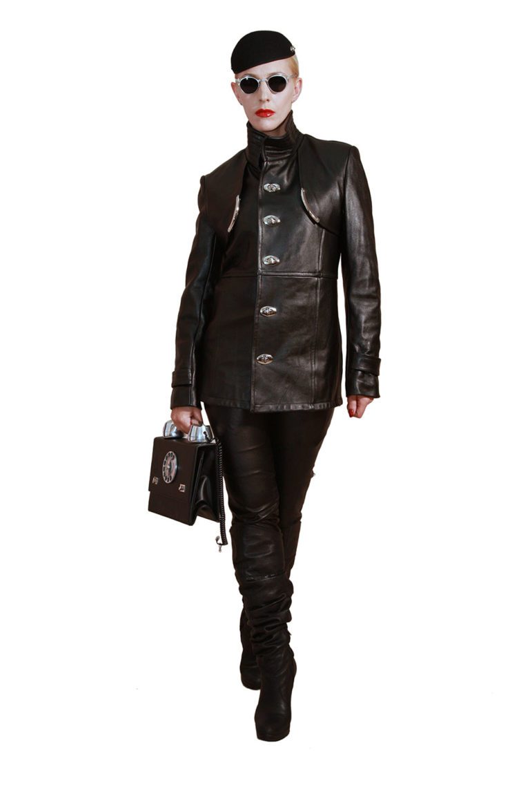 black leather coat jacket for women metal accents mid length Hi Tek - Image 2