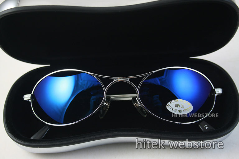 oval goggle sunglasses in silver metal with blue mirror lenses Hi Tek