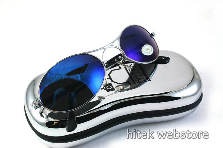 oval goggle sunglasses in silver metal with blue mirror lenses Hi Tek - Image 3