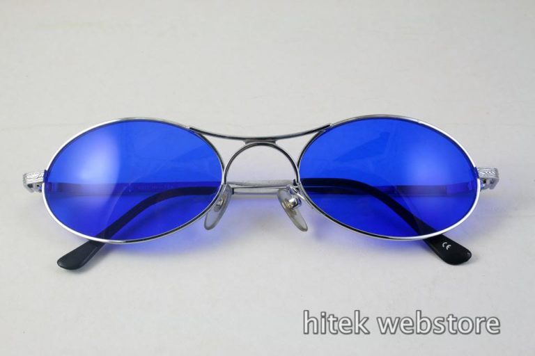 silver metal oval sunglasses with indigo blue lenses Hi Tek