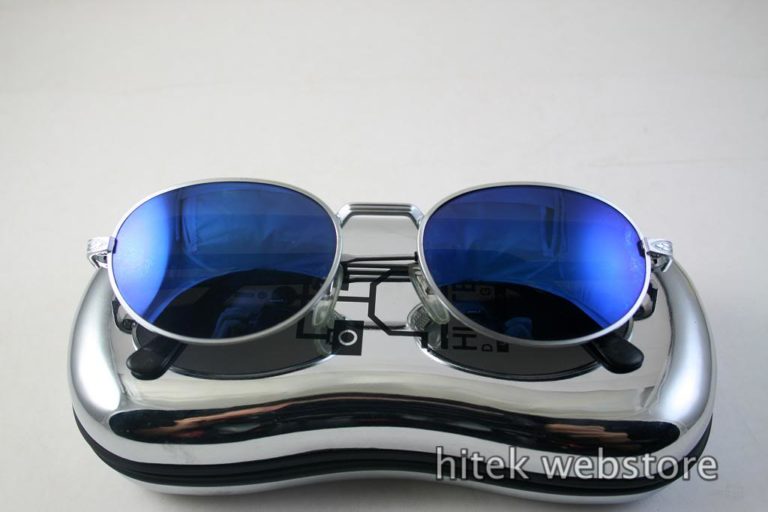 oval sunglasses mens shades silver metal frame blue mirror lens  Hi Tek model-SJ2220