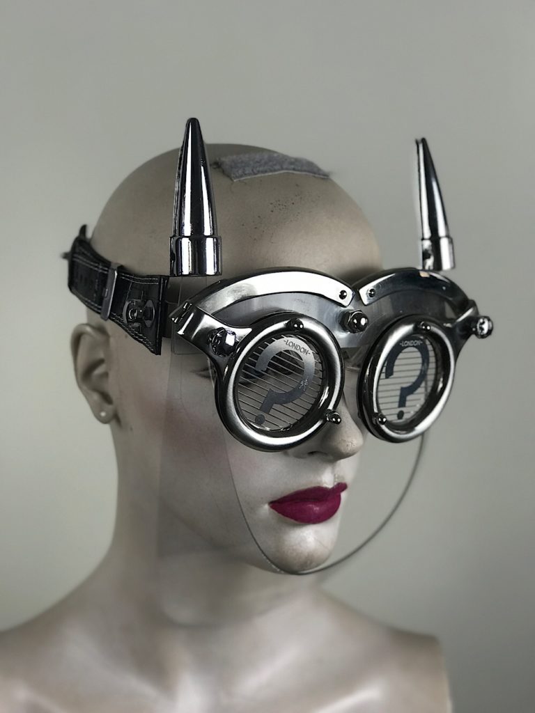 eye wear mask with metal horns perforated metal ocular lens Hi Tek