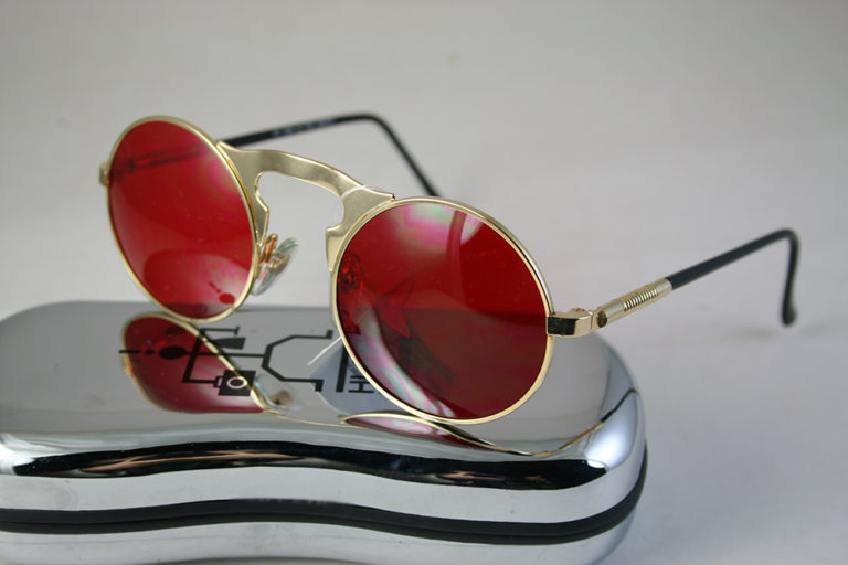 round sunglasses gold metal frame red lens Hi Tek HT-006