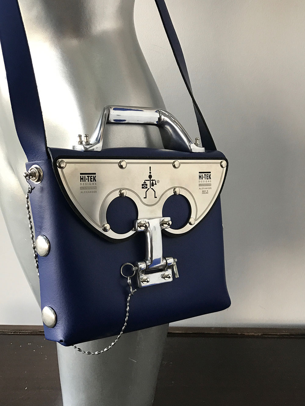 blue leather cross body bag unusual statement futuristic medium size