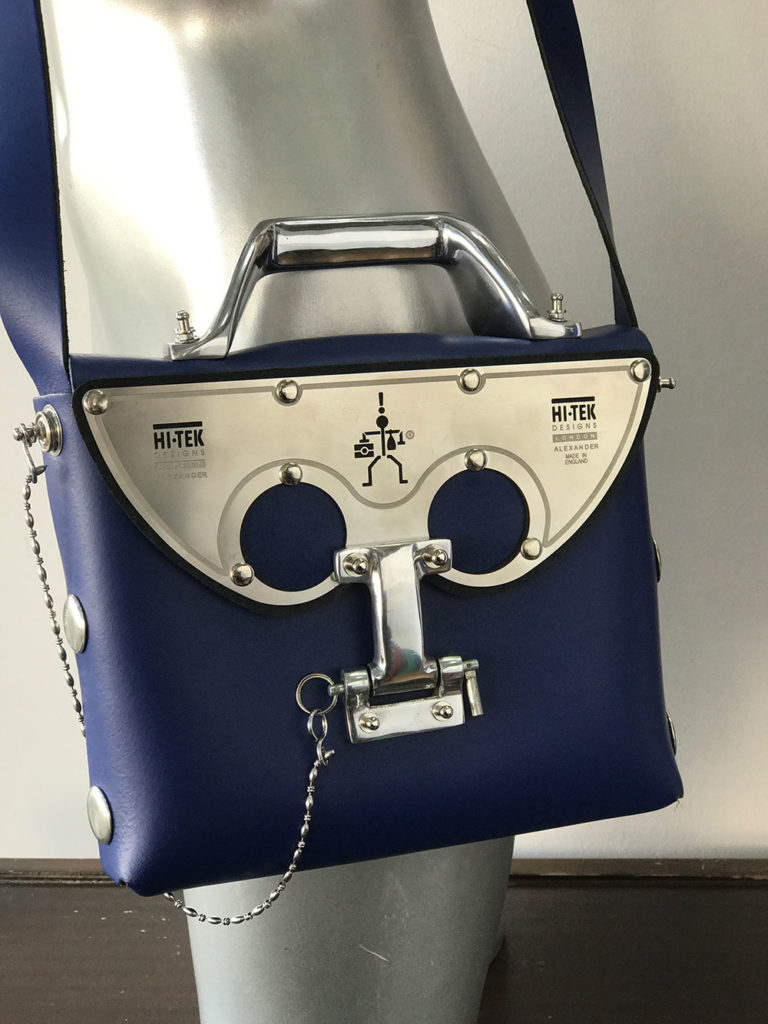 blue leather handbag