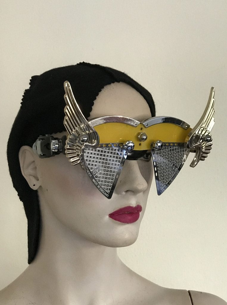 artistic modern steampunk eye wear mask metal wings perforated metal ocular lens Hi Tek yellow face - Image 2