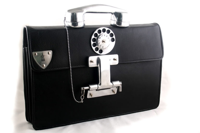 mens large black leather briefcase with aluminium telephone handle Hi Tek Alexander