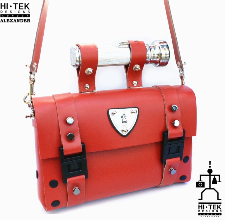 read leather shoulder bag, industrial design torch as handle, statement bag - Image 2