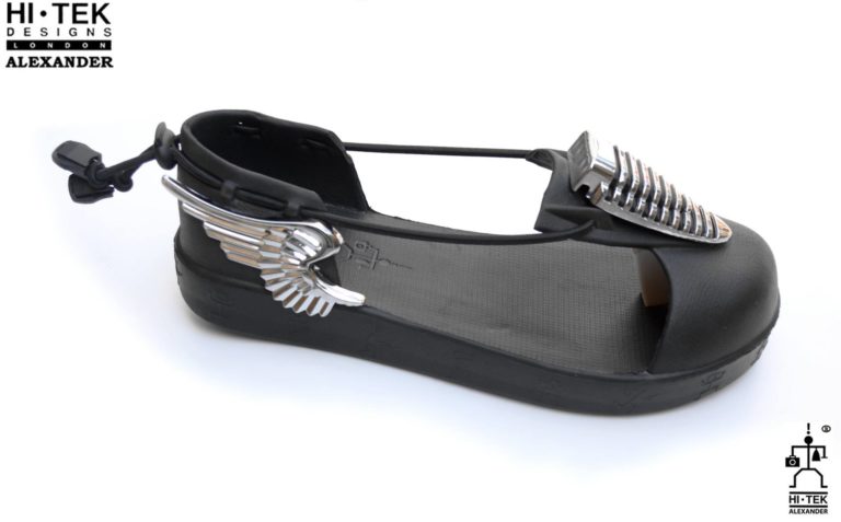 black EVA sandals with silver metal angel wings statement sandals for men unusual made to impress - Image 5