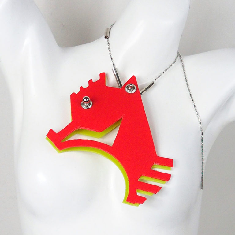 large pendant necklace in the shape of a sea horse in neon colors statement necklace - Image 4