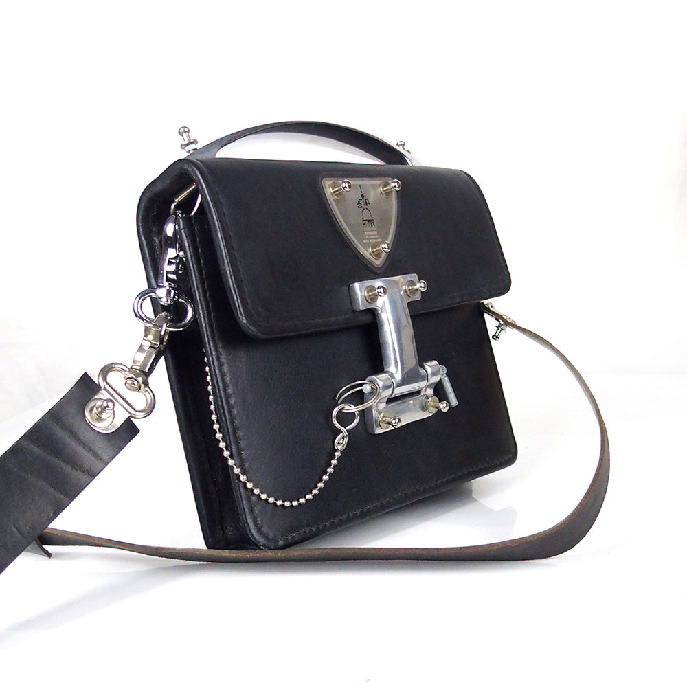 vintage black leather crossbody bag metal handle | Hi Tek Webstore