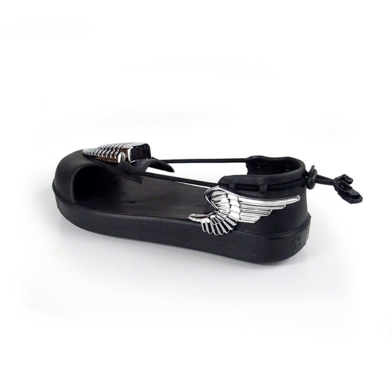 black EVA sandals with silver metal angel wings statement sandals for men unusual made to impress - Image 3