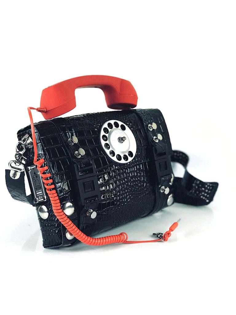 black shiny leather shoulder bag retro red telephone handle unusual statement - Image 3