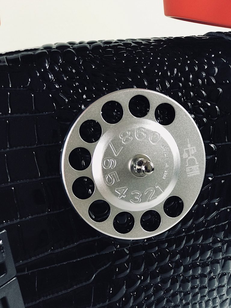 black shiny leather shoulder bag retro red telephone handle unusual statement - Image 4