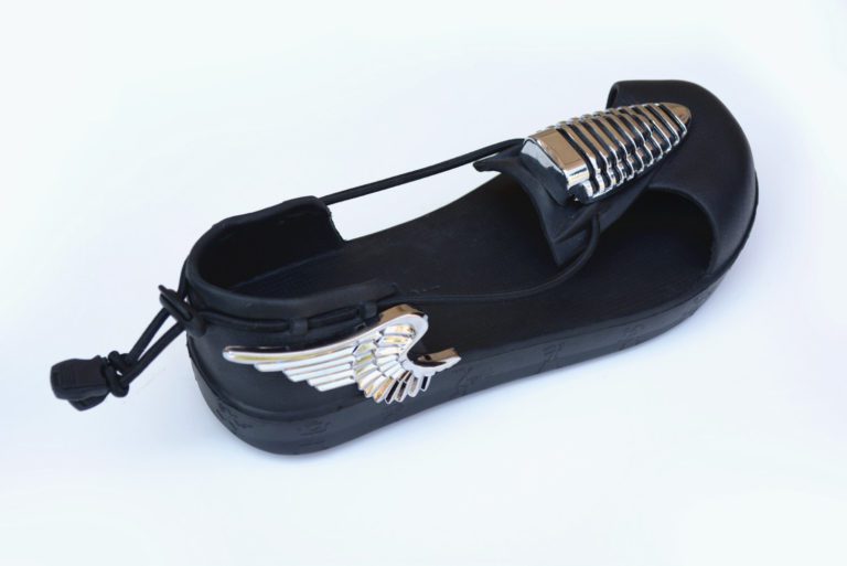 black EVA sandals with silver metal angel wings statement sandals for men unusual made to impress - Image 7