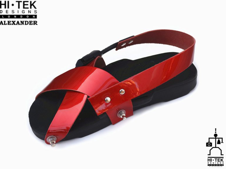 statement sandals for men unusual unique one of a kind made to impress black EVA sole red leather upper - Image 3