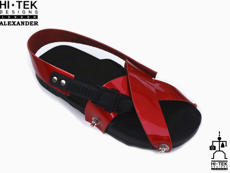 statement sandals for men unusual unique one of a kind made to impress black EVA sole red leather upper