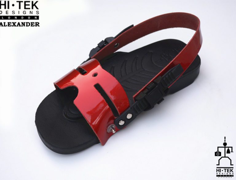 statement sandals for men unusual unique one of a kind made to impress black EVA sole red leather upper - Image 3