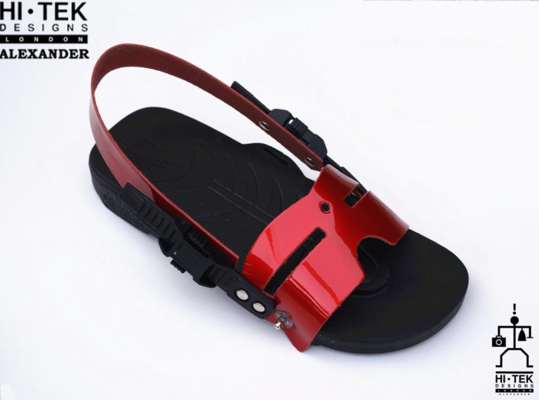 statement sandals for men unusual unique one of a kind made to impress black EVA sole red leather upper