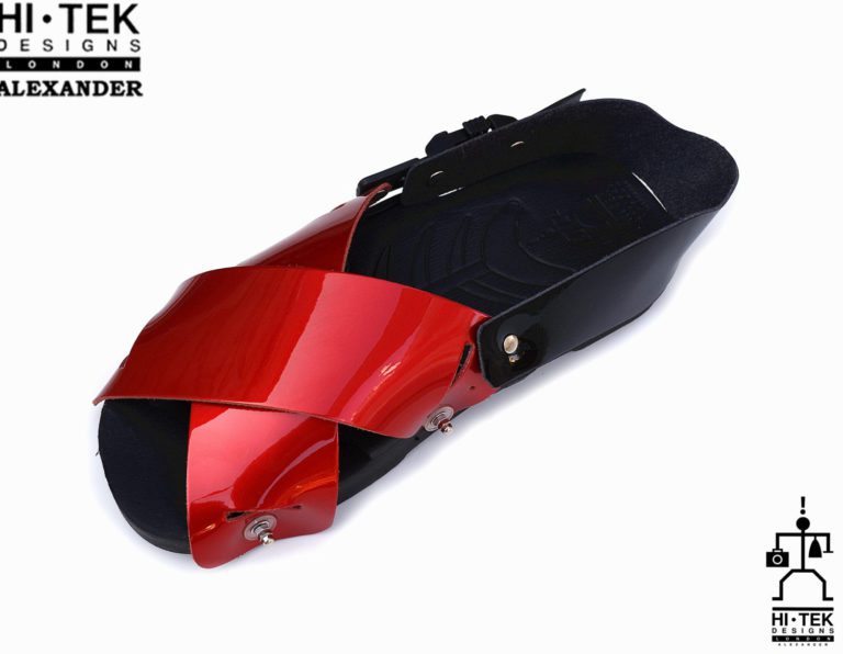 mens sandals, black EVA sole red patent upper, strap sandals, unusual statement unique theatrical