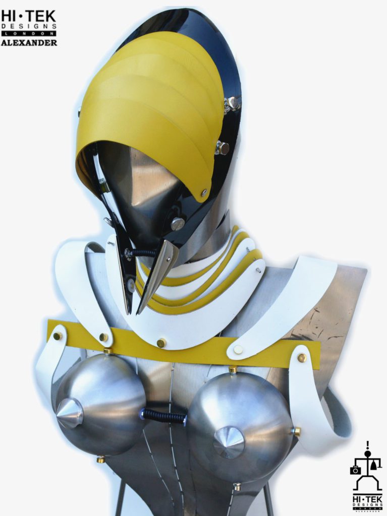 women's harness pauldron in white yellow leather, cosplay costume cyber punk futuristic