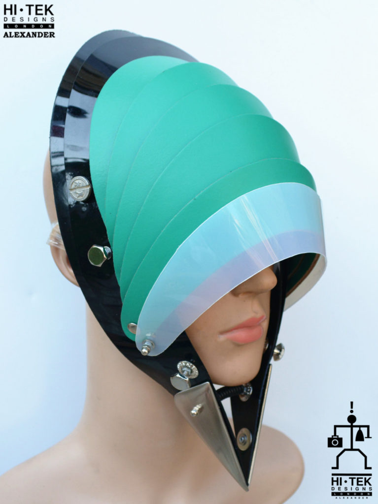 Hi Tek Alexander handmade modern futuristic, sci fi ,gothic ,steampunk unusual party eyewear alien green leather unisex cosplay mask hat