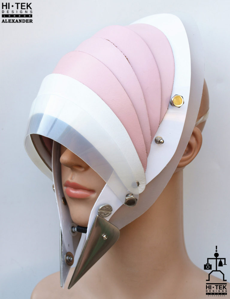 Hi Tek handmade modern futuristic, sci fi ,gothic ,steampunk unusual party eyewear alien stylish pink leather mask hat headpiece helmet