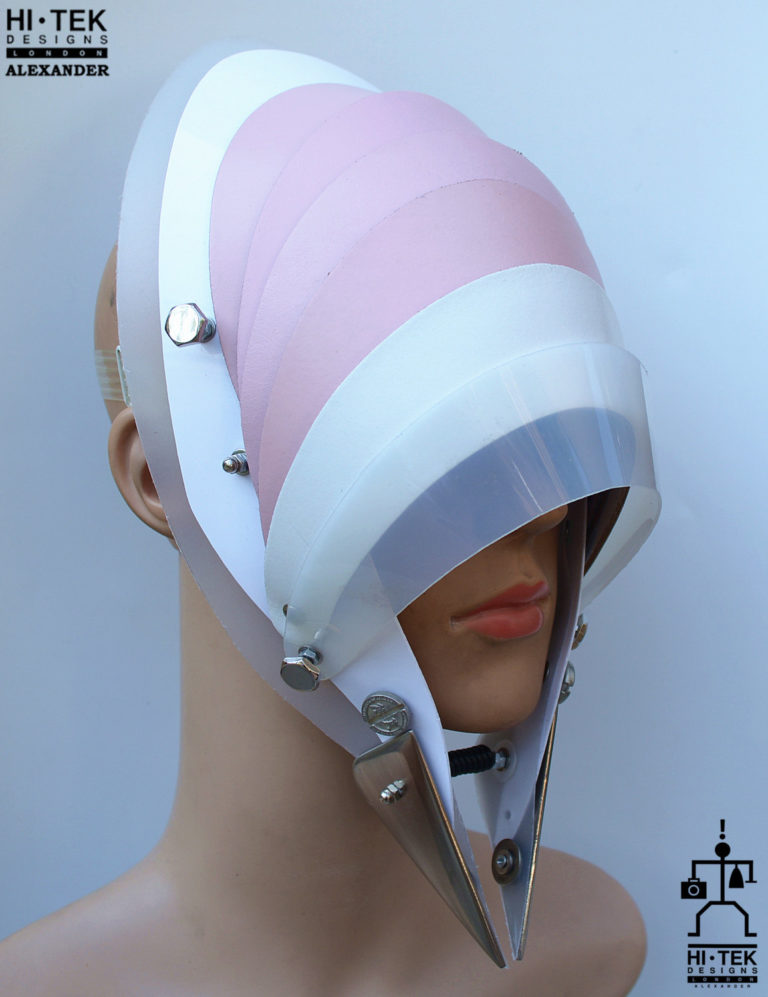 Hi Tek handmade modern futuristic, sci fi ,gothic ,steampunk unusual party eyewear alien stylish pink leather mask hat headpiece helmet - Image 2