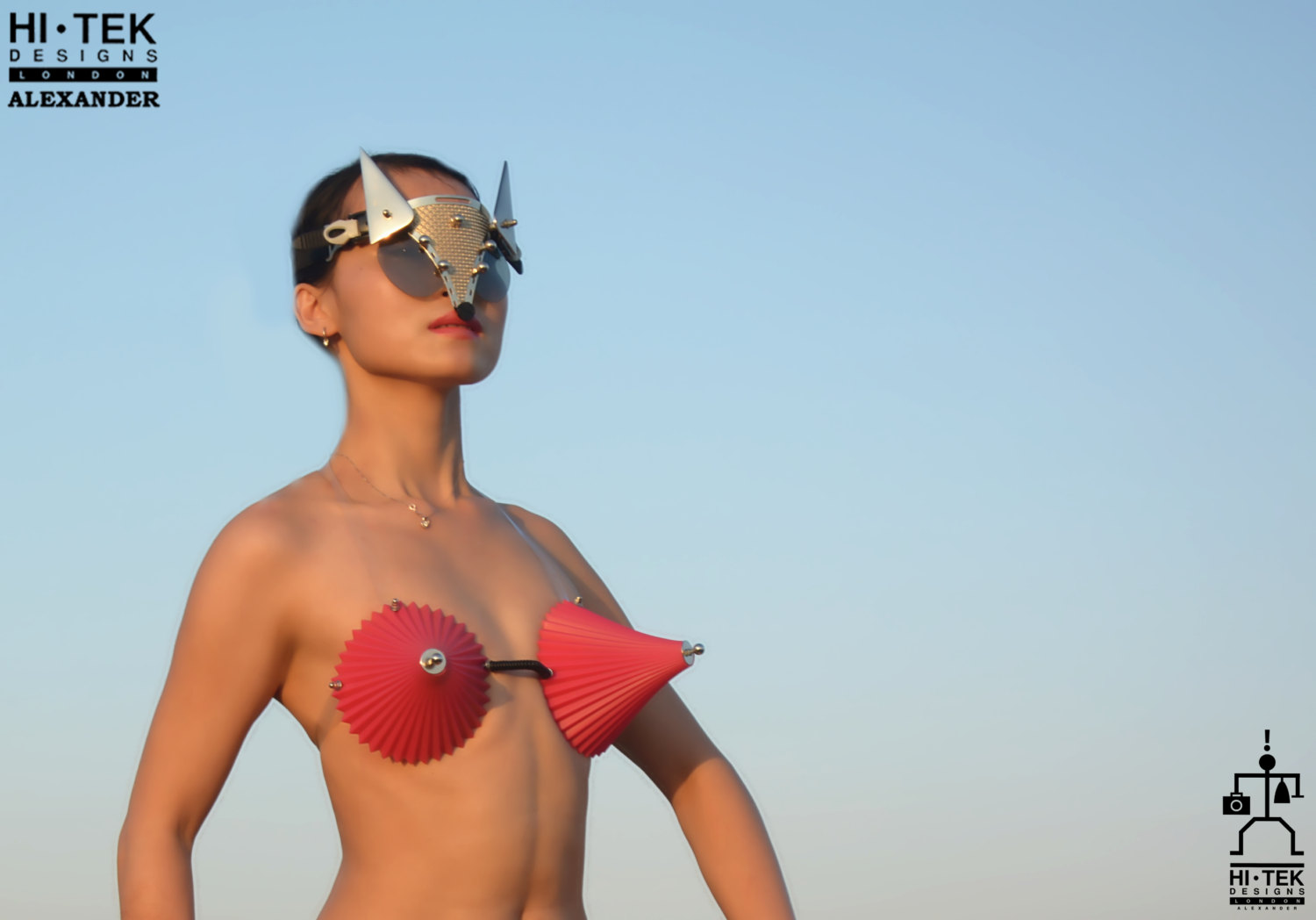 cone shape bra pleated plastic metal nipples red black - Hi Tek