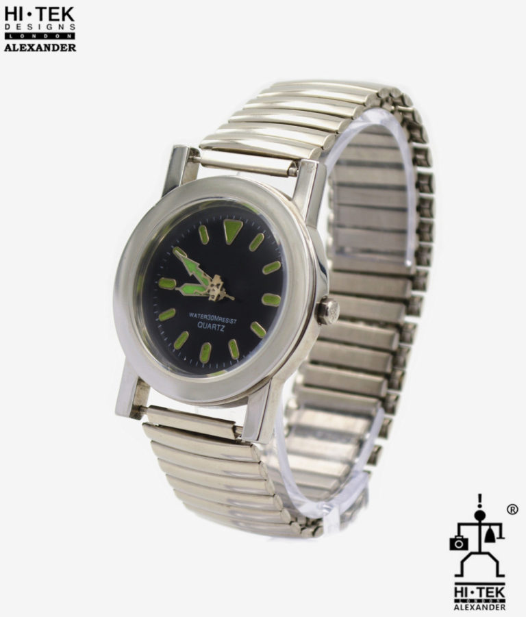 Hi Tek black leather goth steampunk retro futuristic unusual unisex wrist watch stainless steel case leather strap