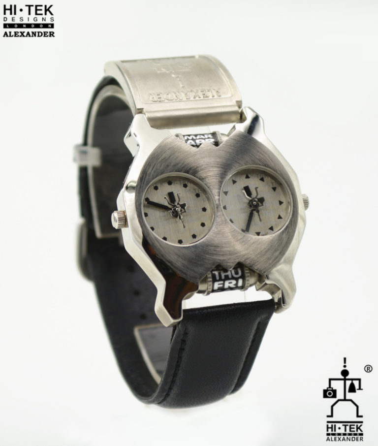 Hi Tek black leather goth steampunk retro futuristic unusual unisex wrist watch stainless steel case leather strap - Image 2