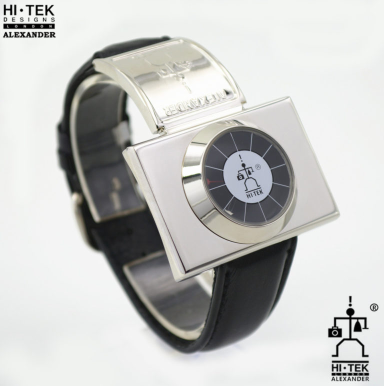 Hi Tek black leather goth steampunk retro futuristic unusual unisex wrist watch stainless leather strap - Image 2