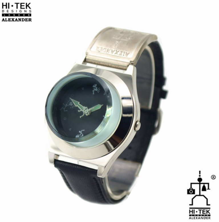 Hi Tek black leather goth steampunk retro futuristic unusual unisex wrist watch
