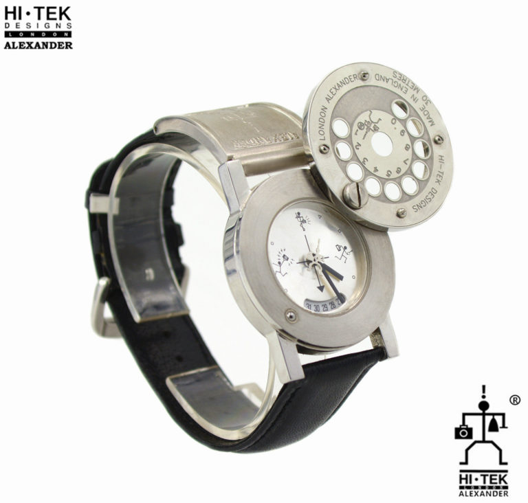 Hi Tek black leather goth steampunk retro futuristic unusual unisex wrist watch stainless steel case leather strap - Image 2