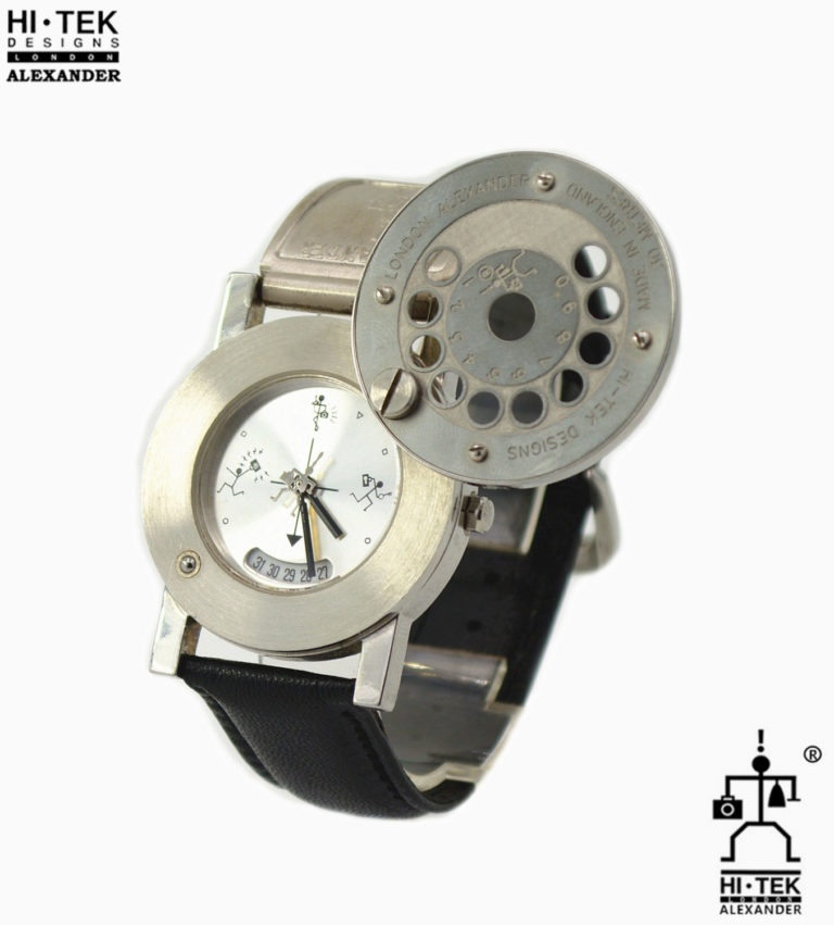 Hi Tek black leather goth steampunk retro futuristic unusual unisex wrist watch stainless steel case leather strap