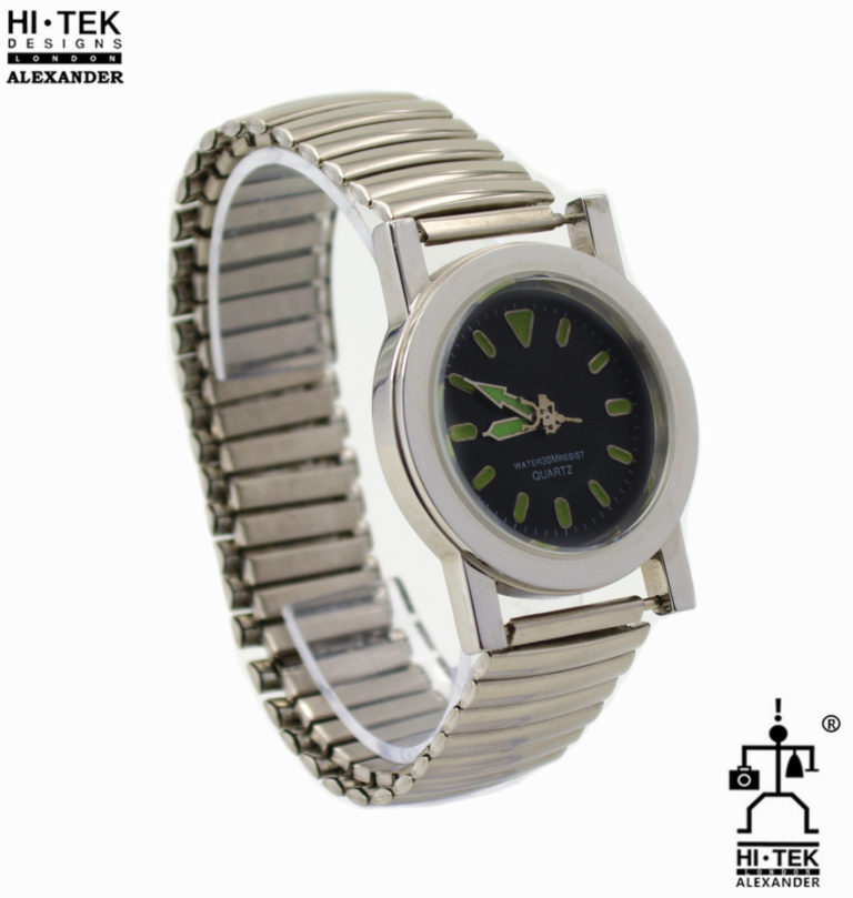 Hi Tek black leather goth steampunk retro futuristic unusual unisex wrist watch stainless steel case leather strap - Image 2