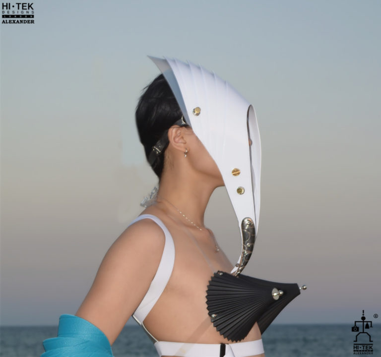 Hi Tek Alexander handmade futuristic modern futuristic, sci fi ,steampunk  unusual party eyewear white mask hat - Image 2