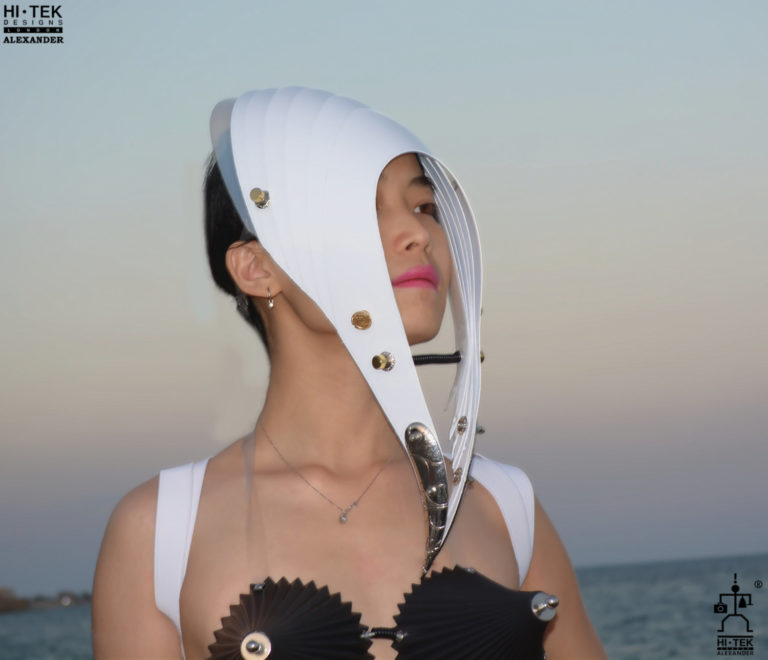Hi Tek Alexander handmade futuristic modern futuristic, sci fi ,steampunk  unusual party eyewear white mask hat