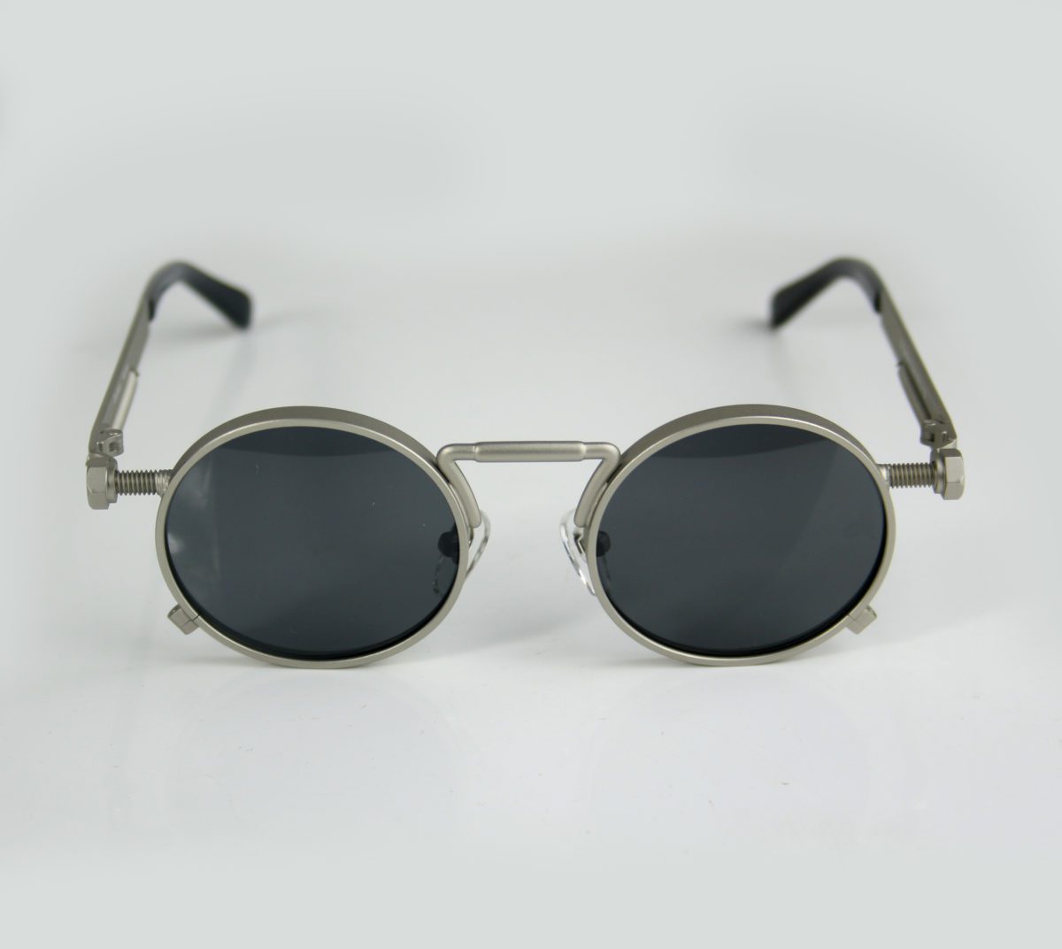 Round Steampunk Sunglasses With Spring On Temples Silver Metal Frame Polarised Lens Gs 1985