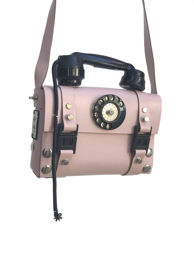 pink leather shoulder bag for women unusual handle Bakelite telephone limited edition