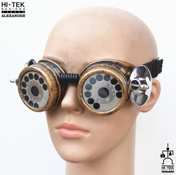 steampunk goggles weathered brass black lenses telephone dial ocular  stainless steel lens