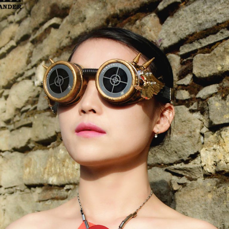 steampunk goggles weathered brass black lenses gold wings target ocular stainless steel lens