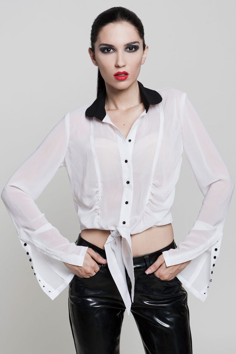 white shirt black collar for woman knot at waist Hi Tek - Image 2