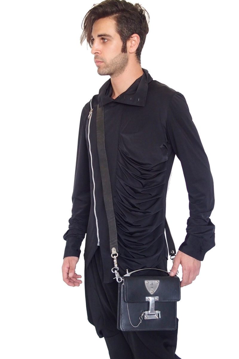 vintage black leather crossbody bag metal handle Hi Tek store