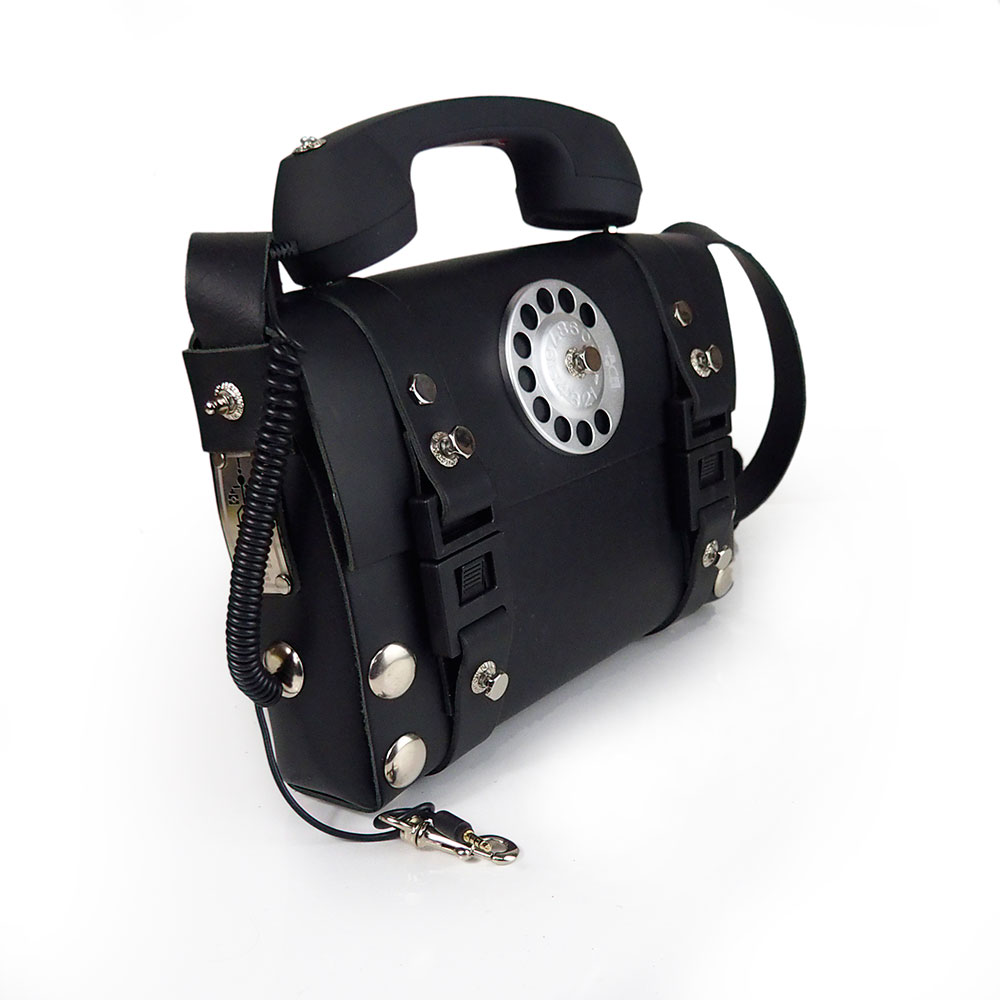 mens black leather crossbody shoulder bag with telephone handle unusual unique | Hi Tek Webstore