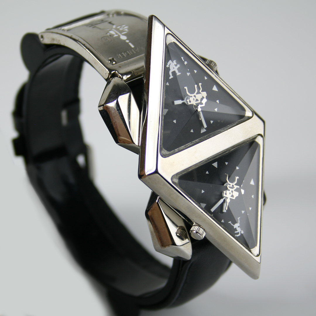 wrist watch cyber punk futuristic Steampunk Double Rotating Pyramid leather  strap