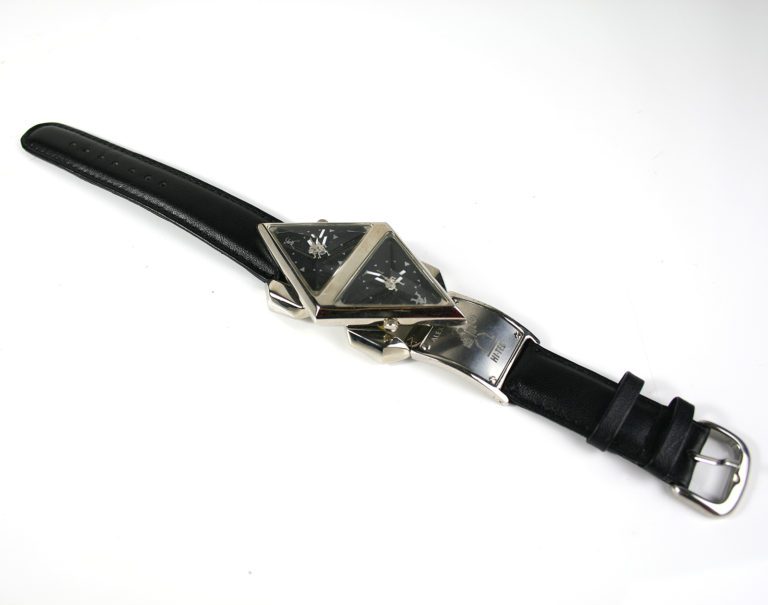 wrist watch cyber punk futuristic Steampunk Double Rotating Pyramid leather strap - Image 2