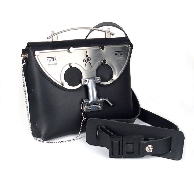 black leather cross body bag, statmeent bag, futuristic, sci fi unusual unique